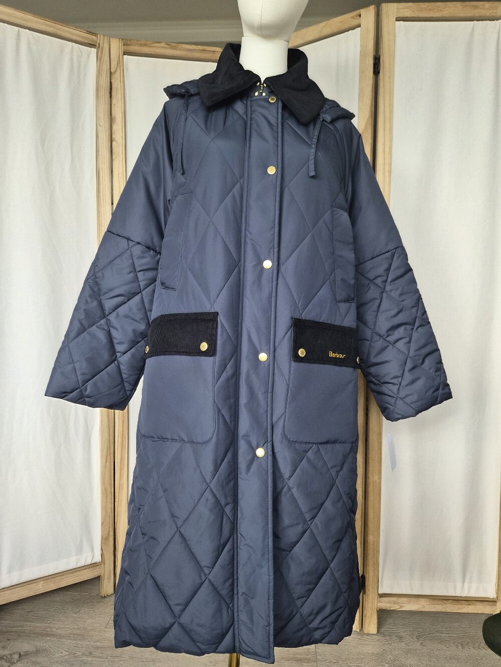 Barbour Cookston Quilted Long Coat Navy Classic Hooded Jacket Size 6 - Picture 1 of 4